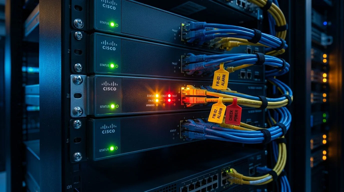 Rack-mounted Cisco firewall hardware with amber and red warning LEDs in a data center