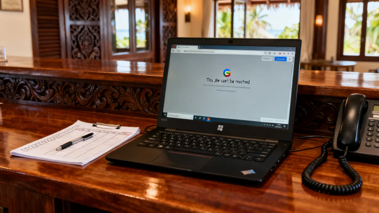 Maldives resort reception desk with website-down error during a cPanel ransomware outage