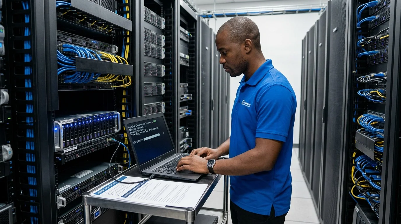 Security engineer applying Linux kernel patches in a data center server room