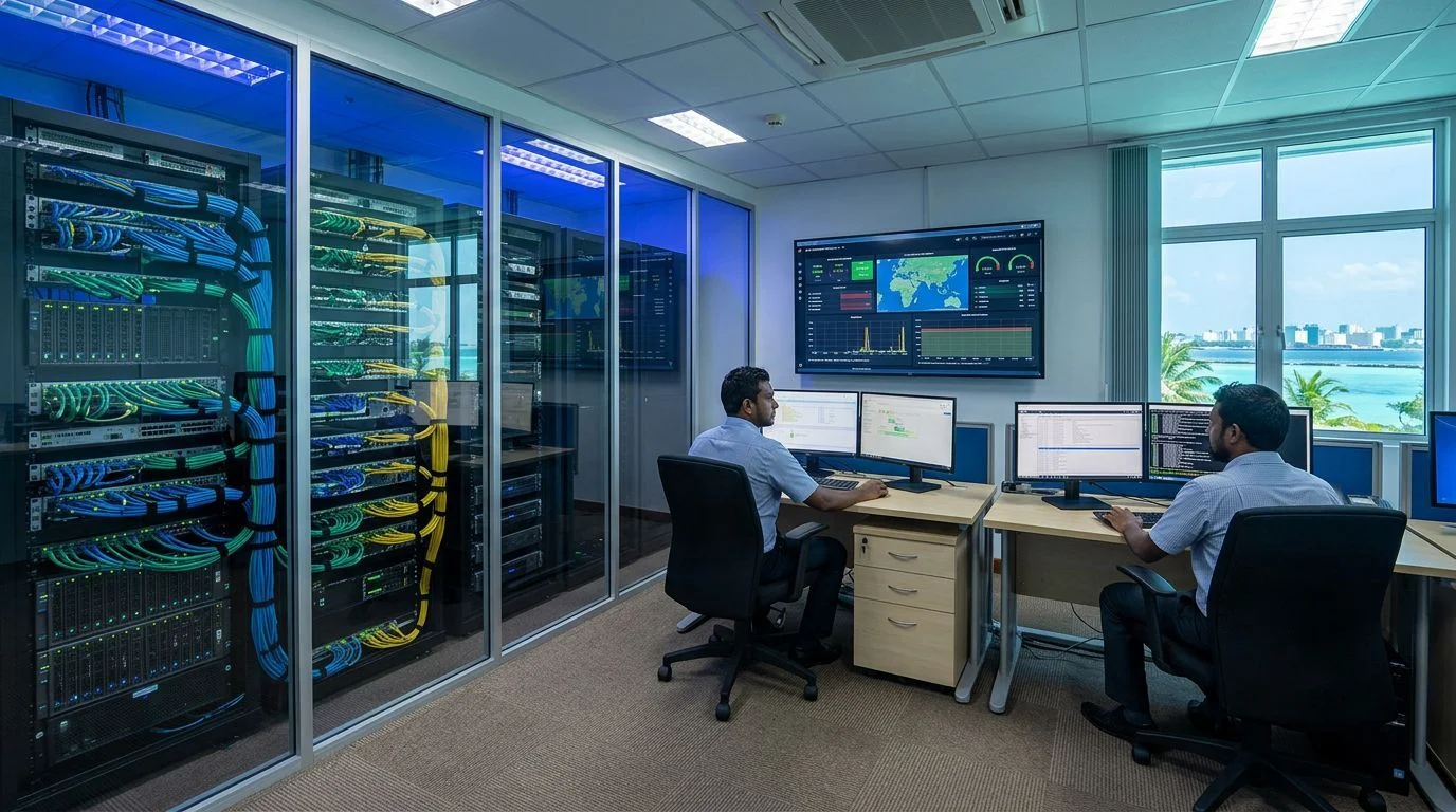 Government IT operations center in the Maldives with technicians monitoring network dashboards and server racks behind glass