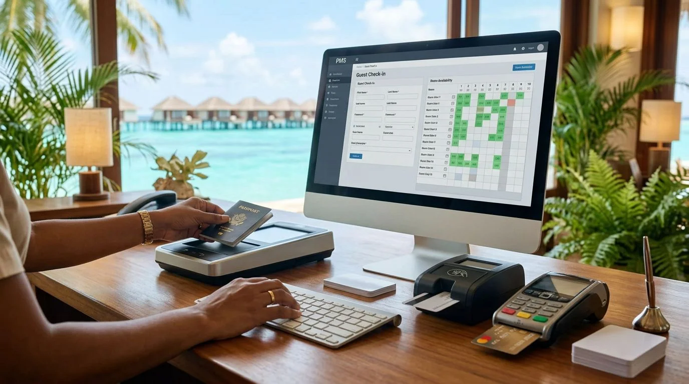 Luxury Maldives resort front desk with property management system workstation, passport scanner, and POS terminal