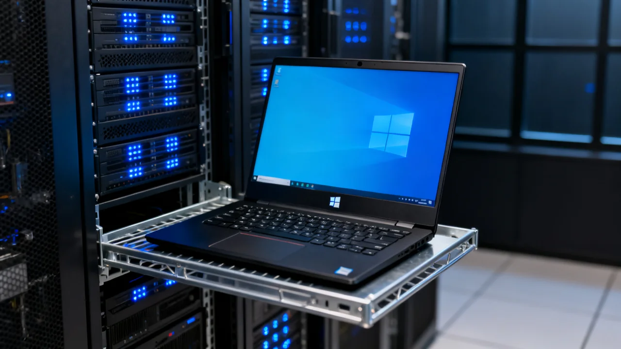 A Windows laptop on a pull-out server-rack shelf showing the Windows desktop in a blue-lit data center