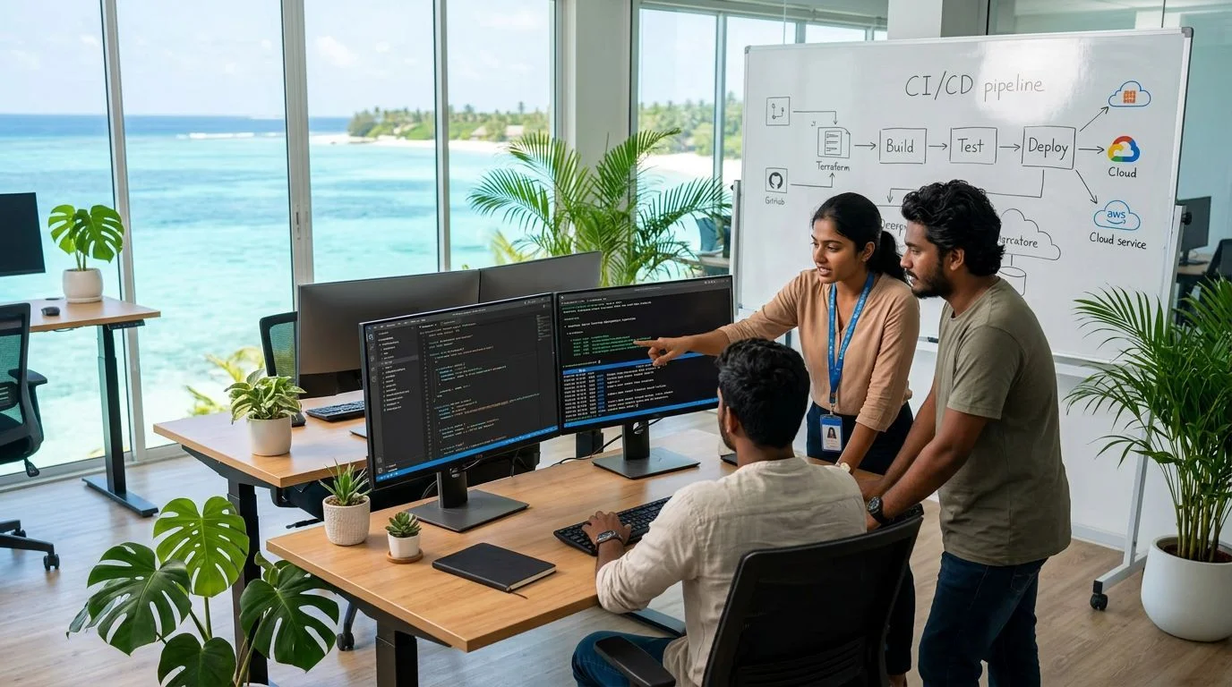 Engineering team collaborating on infrastructure code